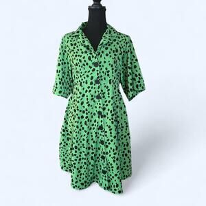Influence Green and Black Retro Leopard Print Button Front Mini Dress Size 10